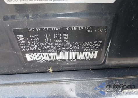 2010 Subaru Legacy 2.5I Premium z USA, uszkodzony, nr VIN 4S3BMBG60A3239194